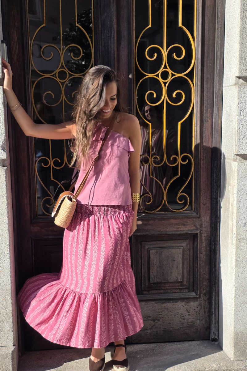 Falda Larga Estampado de Hojas Frambuesa