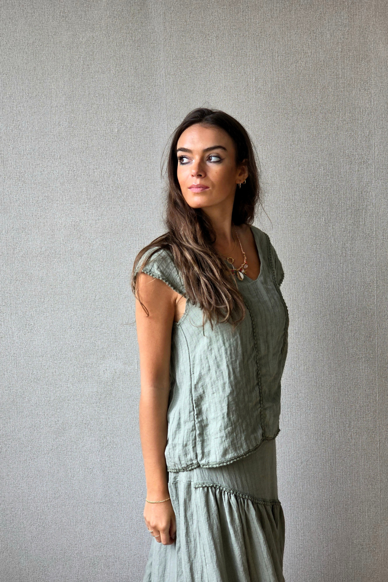 Blusa Rayas Caqui tipo lino