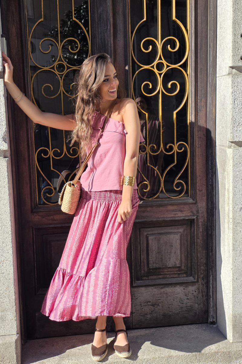 Falda Larga Estampado de Hojas Frambuesa