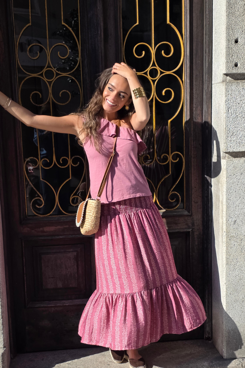 Falda Larga Estampado de Hojas Frambuesa