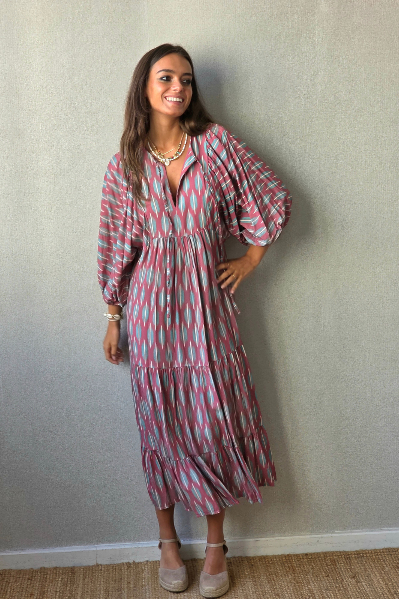 Vestido Mangas Abullonadas Estampado Rosa