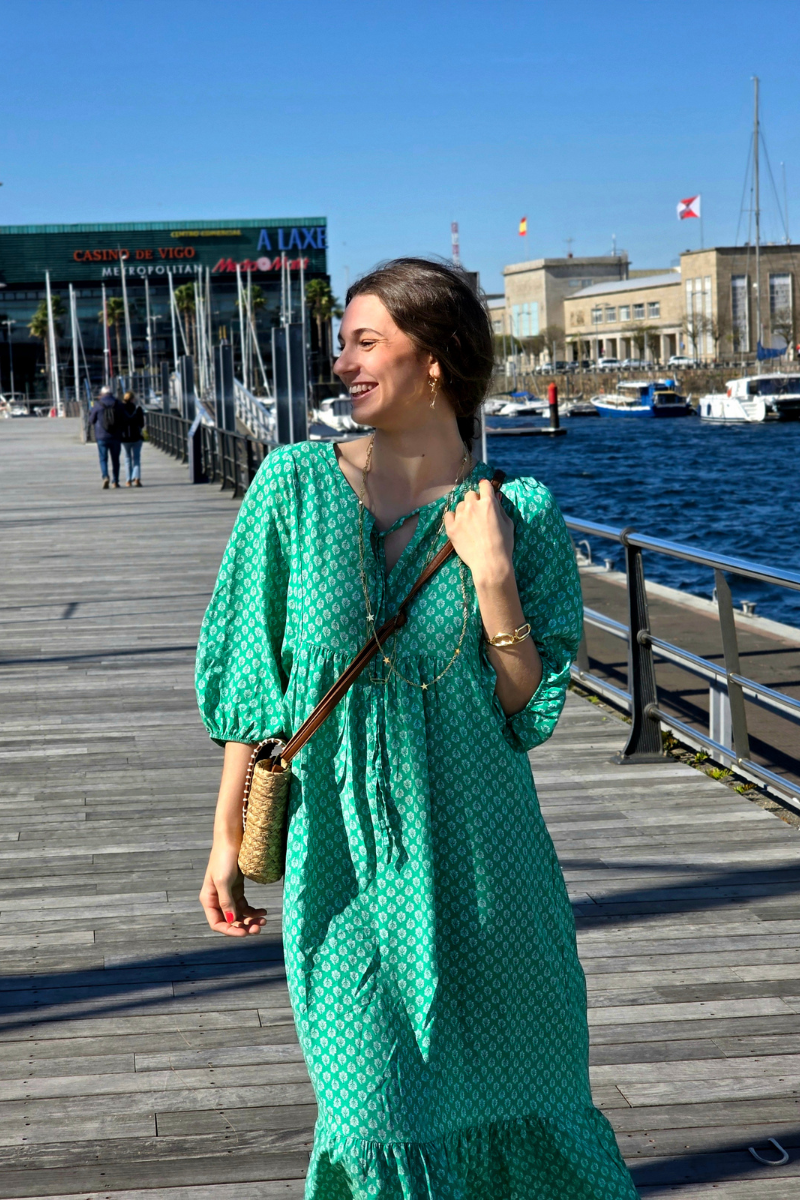 Vestido Largo Flores M. Globo Verde