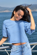 Blusa Manga Globo Cuadro Vichy Azulón