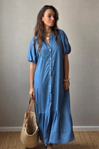 Vestido Manga Globo Azul Jeans Oscuro