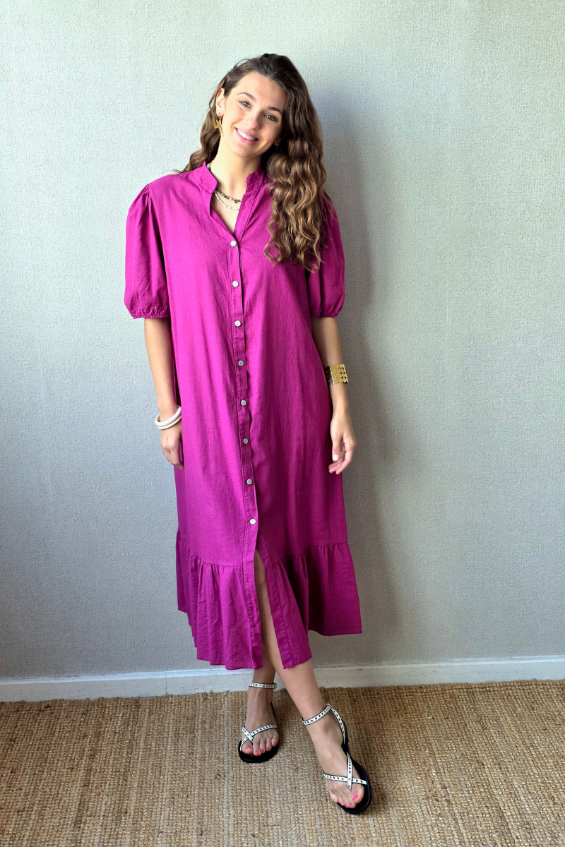 Vestido botones tipo lino magenta