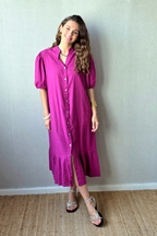 Vestido botones tipo lino magenta
