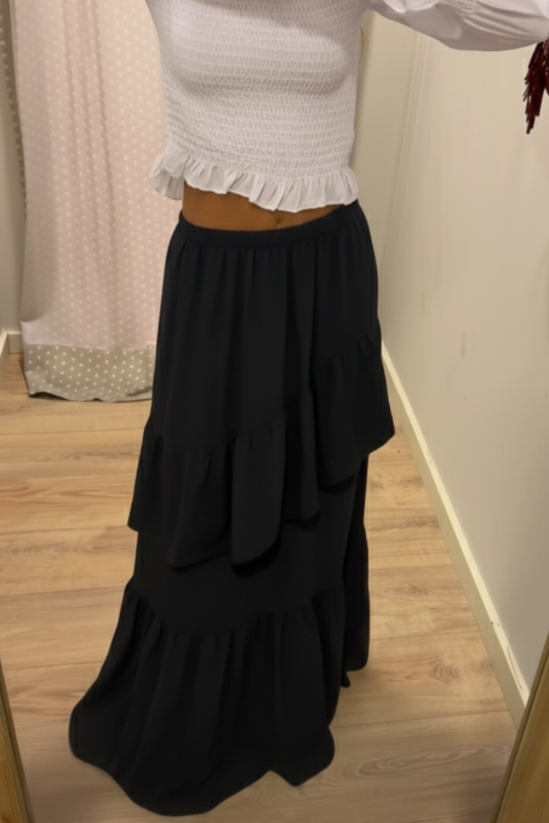 Falda larga volante de bambula negra