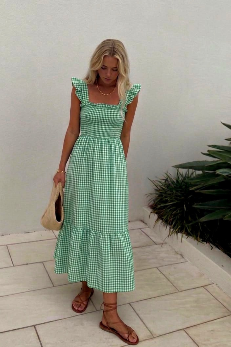 Vestido cuadro vichy nido de abeja verde cesped