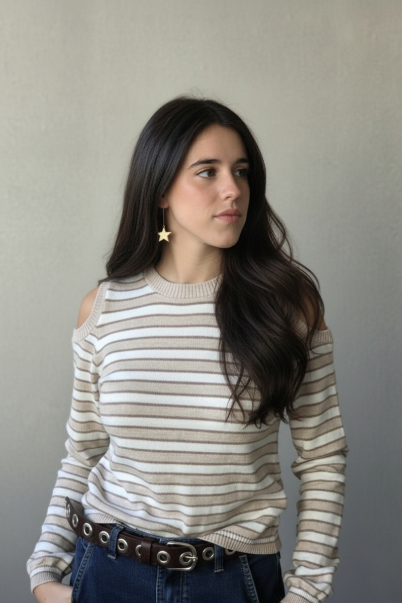 Jersey de rayas sin hombros beige