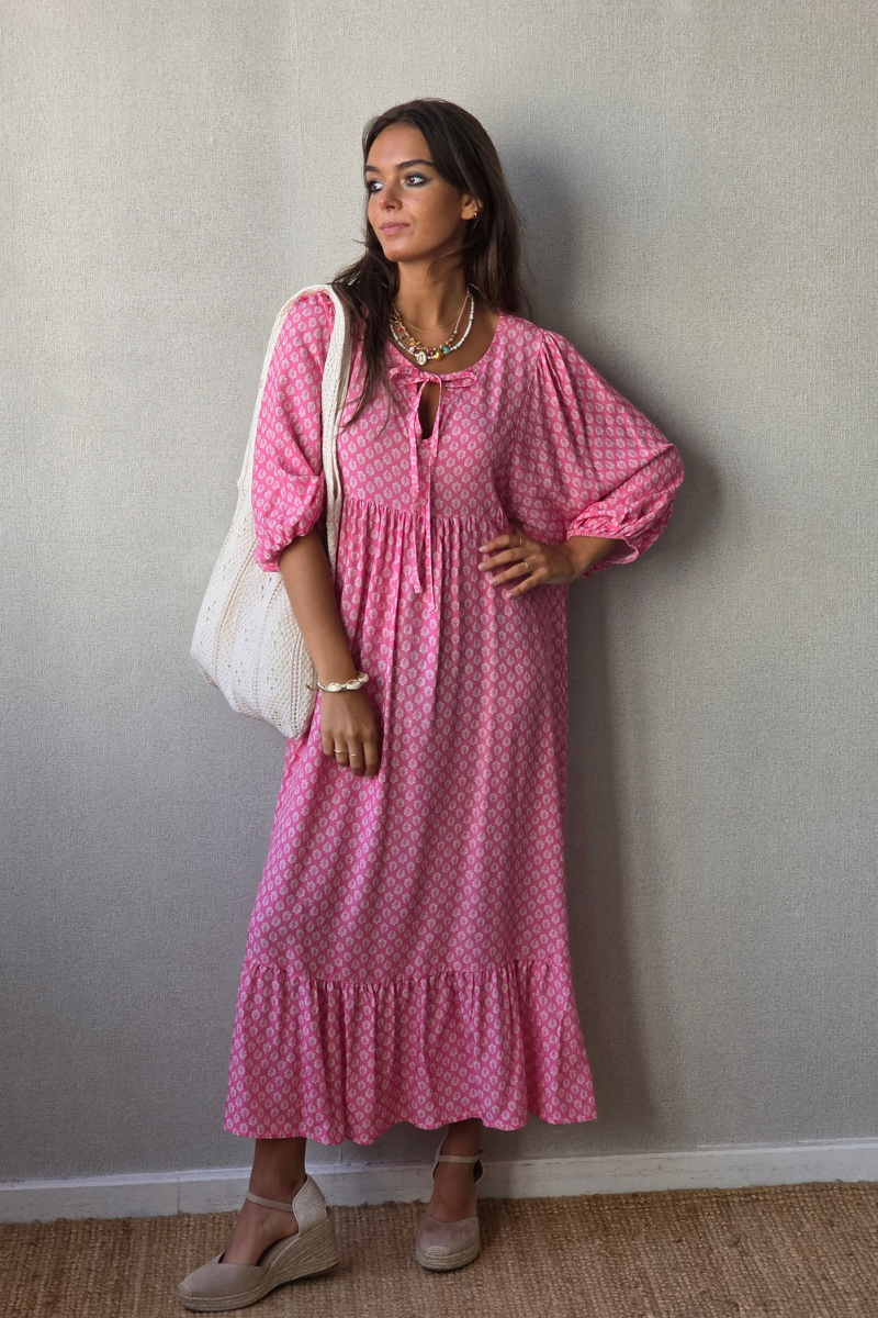 Vestido Largo Flores M. Globo Fucsia