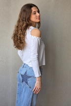 Camiseta Sin Hombros con Estrellas - Blanco