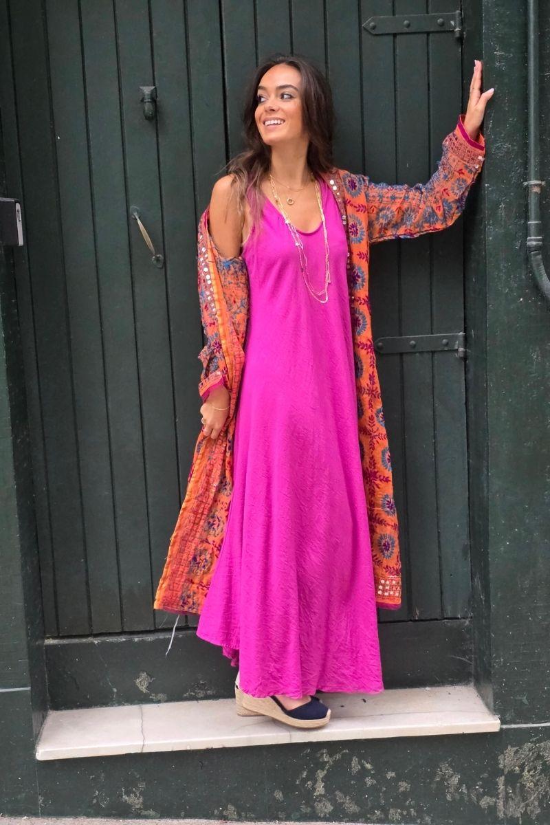Kimono largo con espejitos naranja
