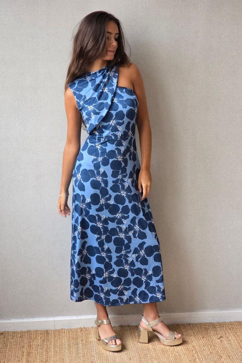 Vestido de flores grandes azul jean