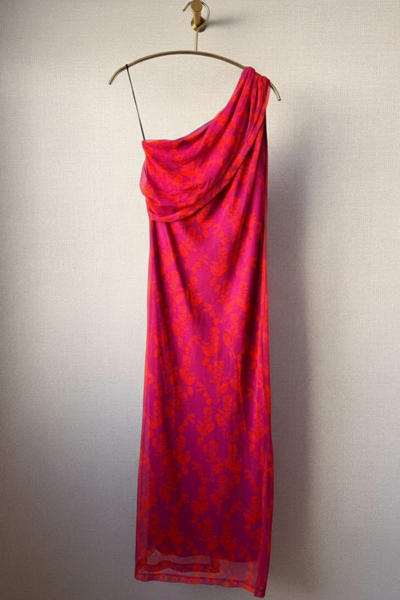 Vestido Estampado Flores Hombro Descubierto Naranja