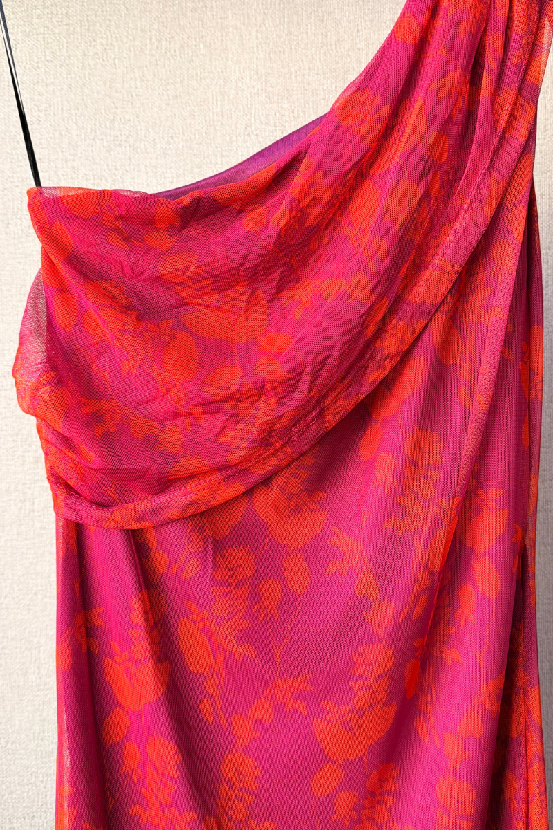 Vestido Estampado Flores Hombro Descubierto Naranja