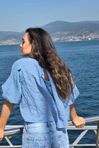 Blusa Manga Globo Cuadro Vichy Azulón