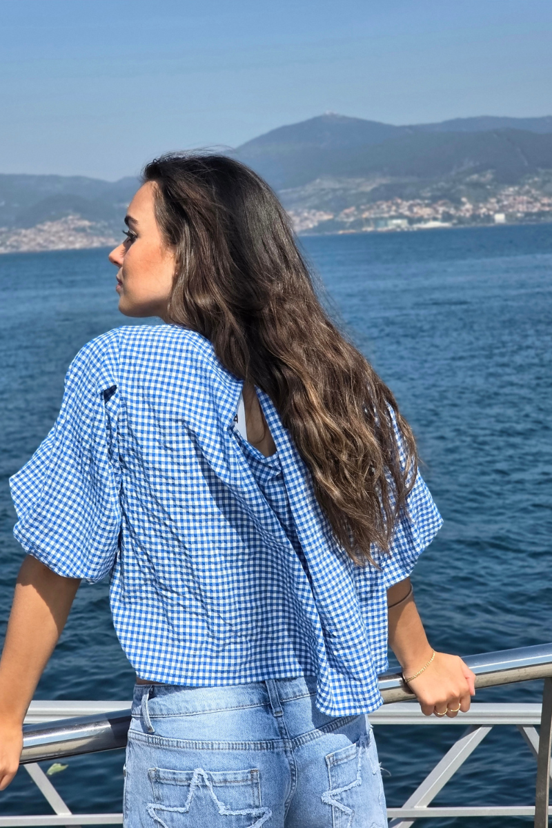 Blusa Manga Globo Cuadro Vichy Azulón