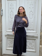 Falda larga de terciopelo asimétrica azul marino