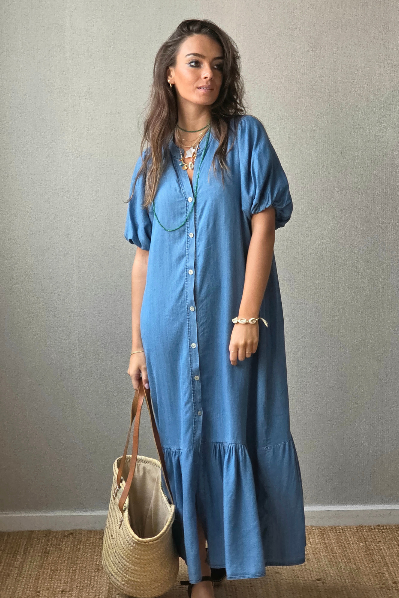 Vestido Manga Globo Azul Jeans Oscuro