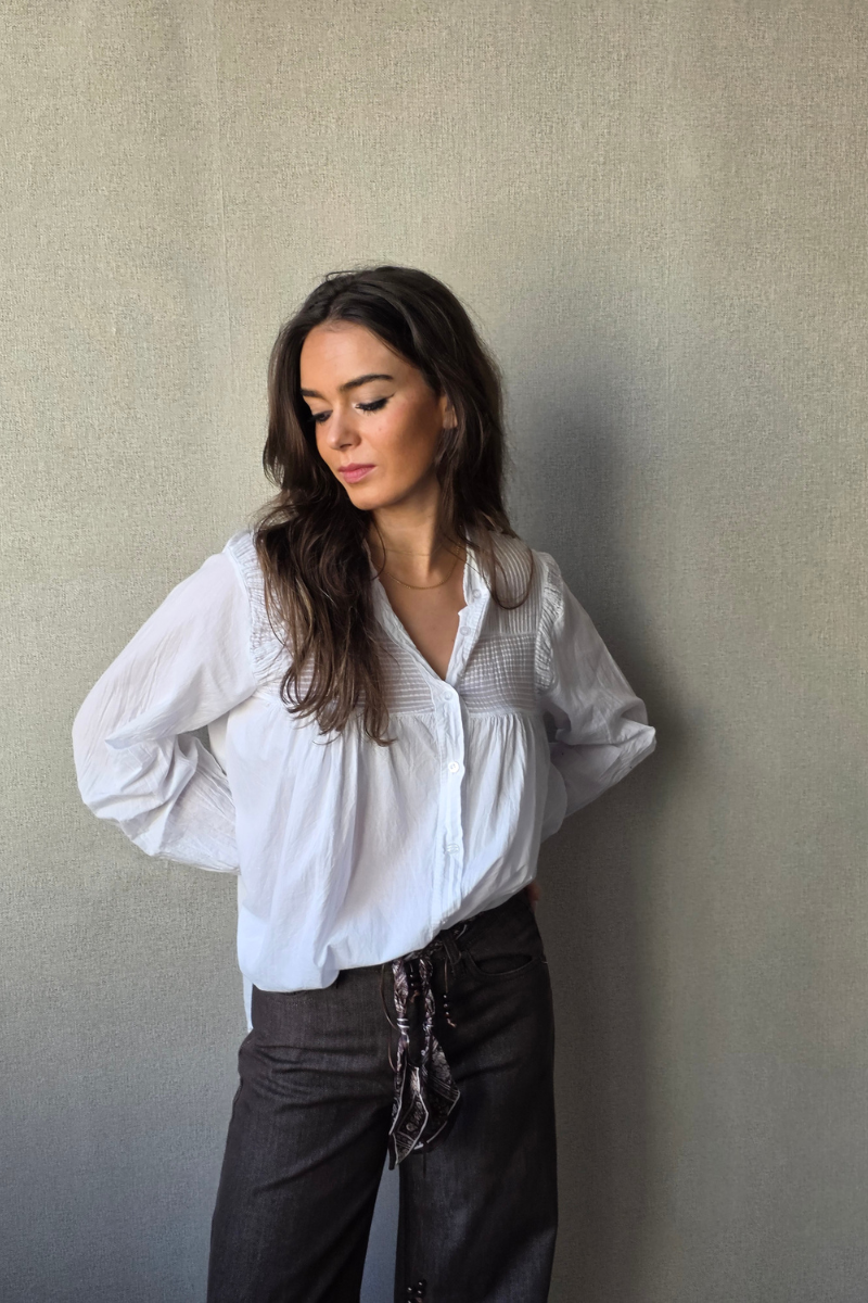 Camisa Blanca Cuello Mao con Rayas