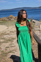 Vestido de tirantes nido de abeja verde algodón lino