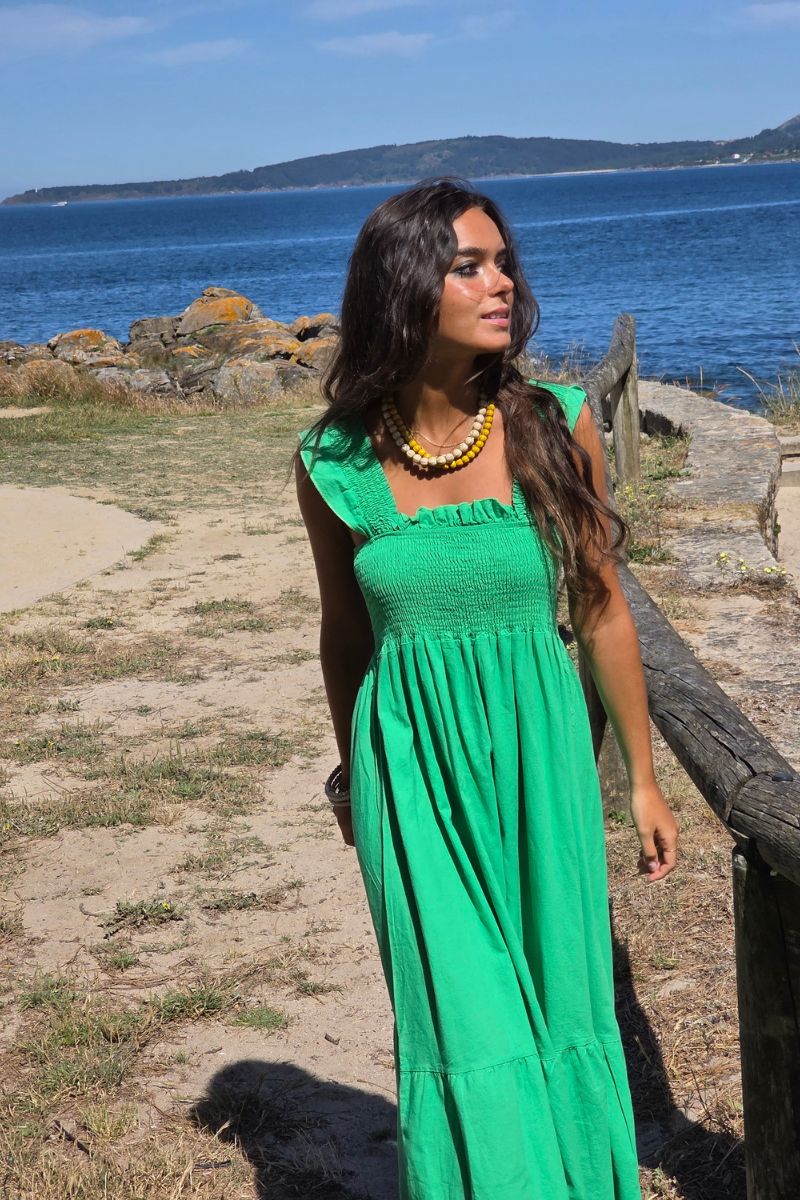 Vestido de tirantes nido de abeja verde algodón lino