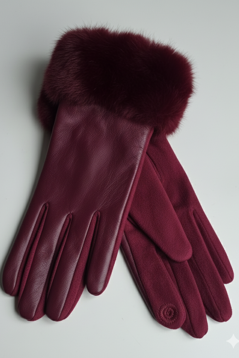 Guantes granate de piel y antelina con pelo