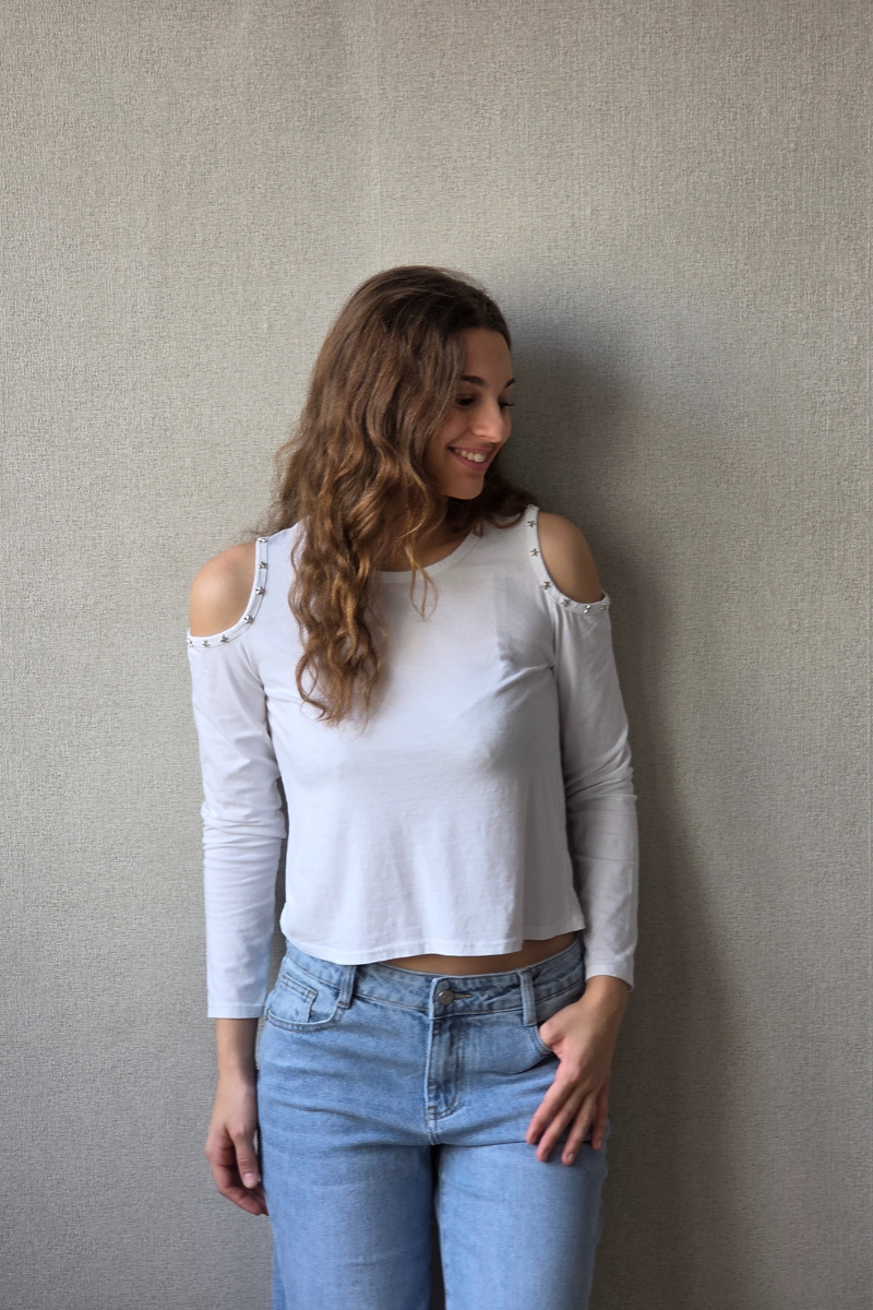 Camiseta Sin Hombros con Estrellas - Blanco