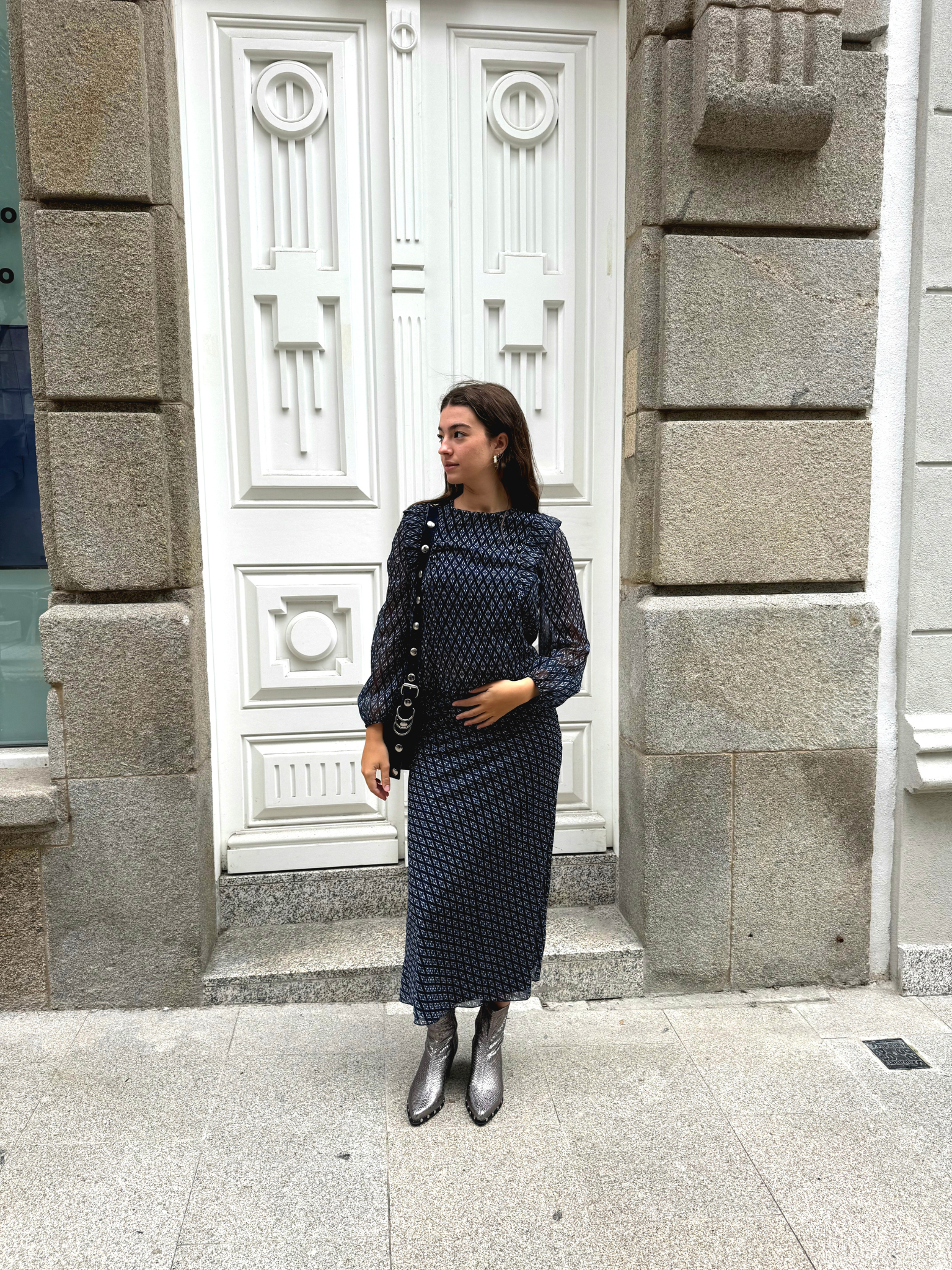 Falda larga estampada rombos azul marino