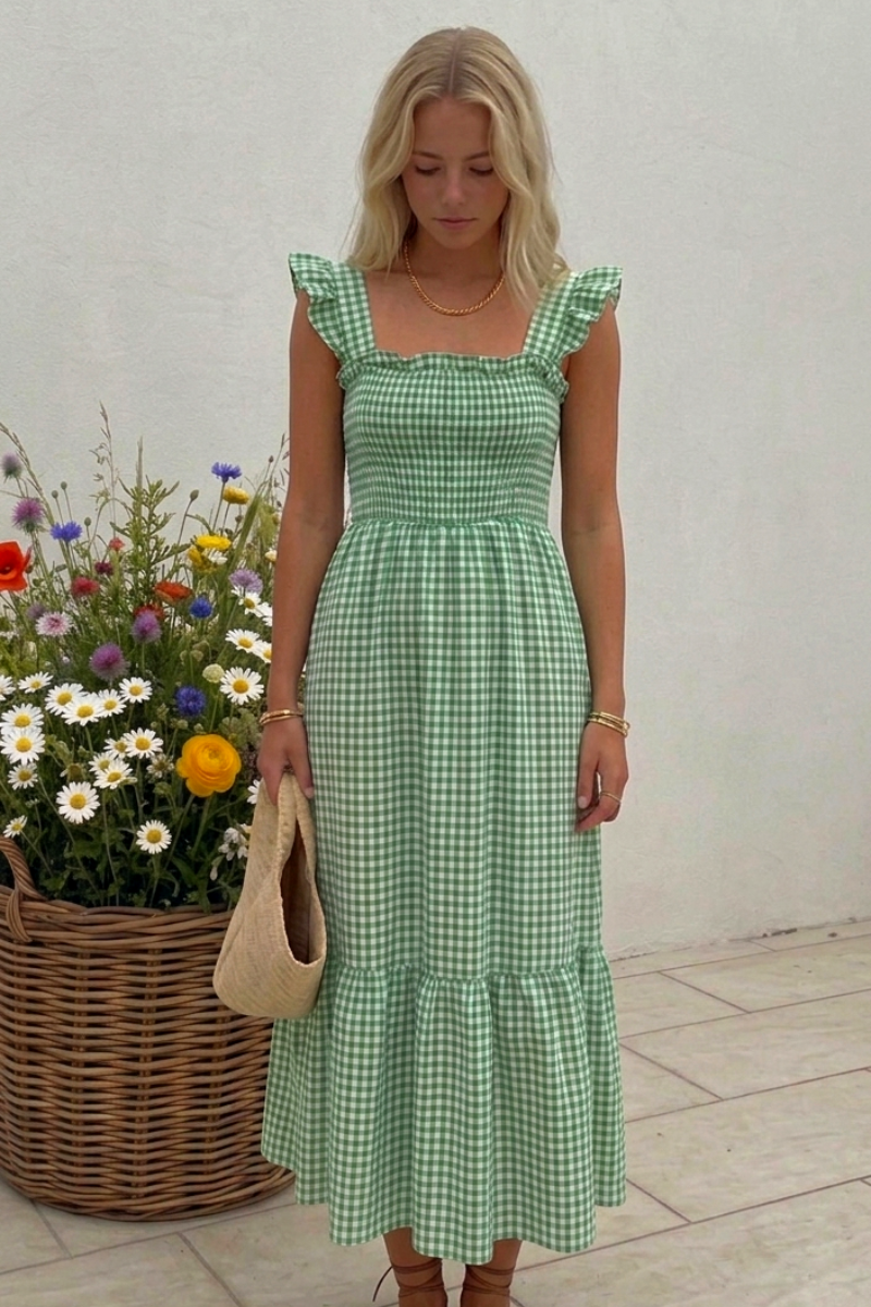 Vestido cuadro vichy nido de abeja verde cesped