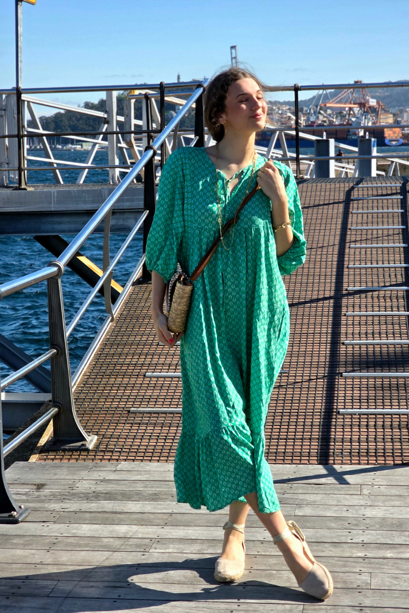 Vestido Largo Flores M. Globo Verde