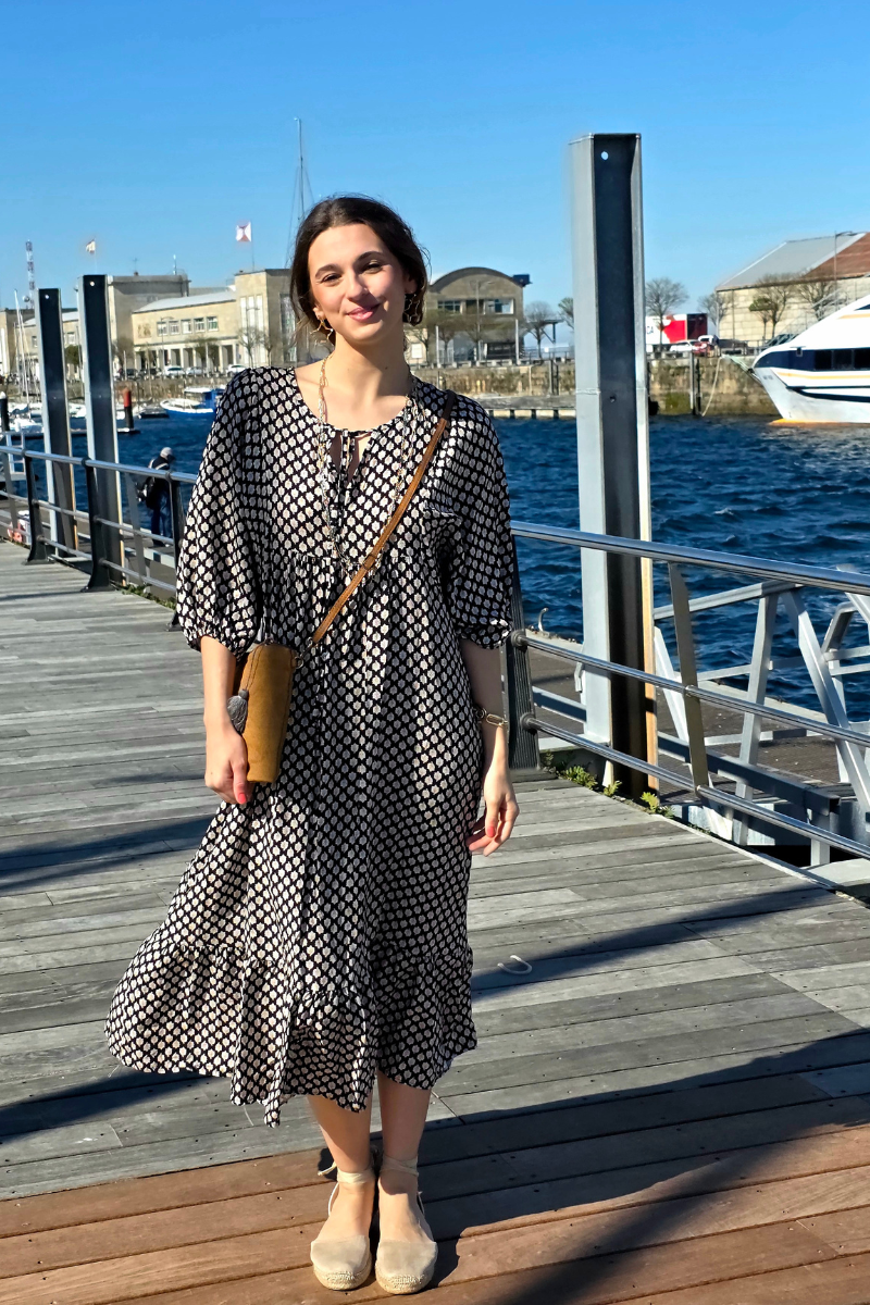 Vestido Largo Flores M. Globo Negro