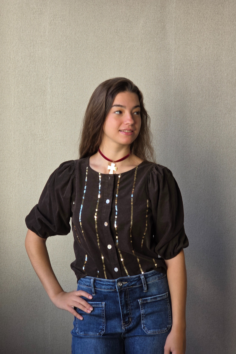 Camisa de micro pana con lentejuelas marrón