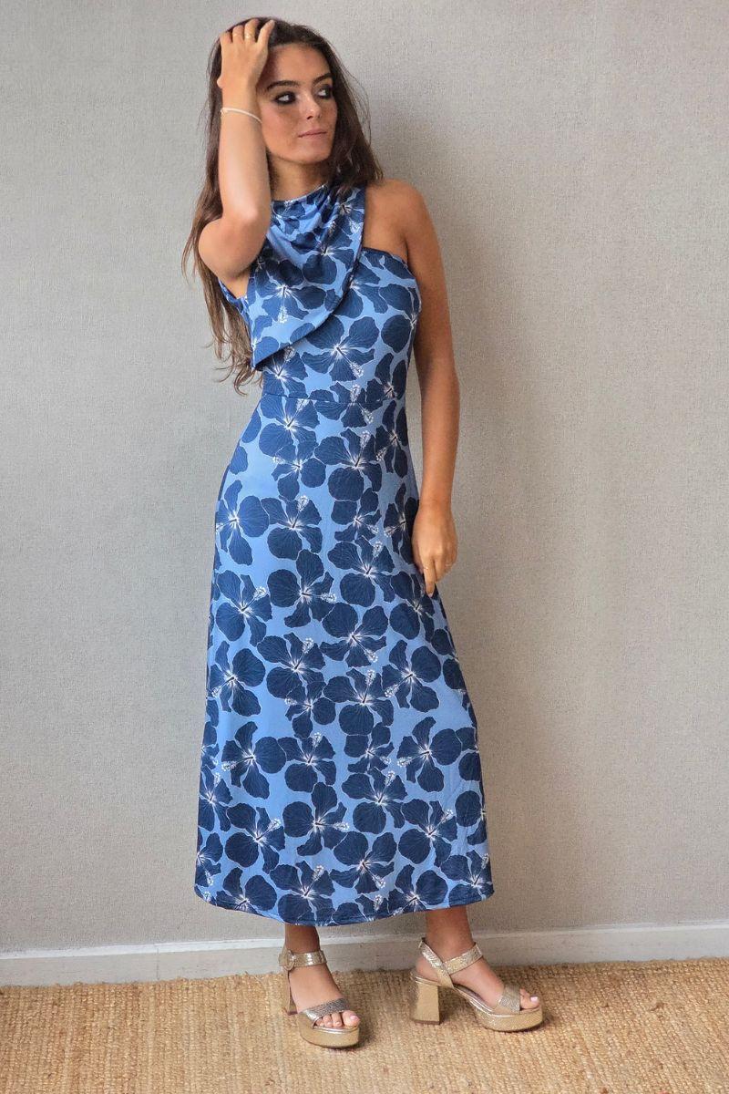 Vestido de flores grandes azul jean