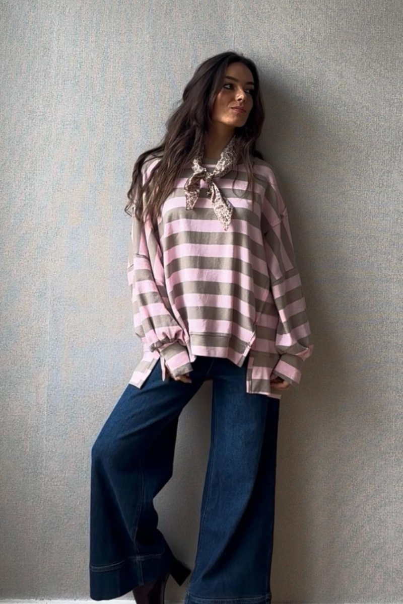 Jersey Oversize Rayas Camel y Rosa - Estilo Casual Moderno