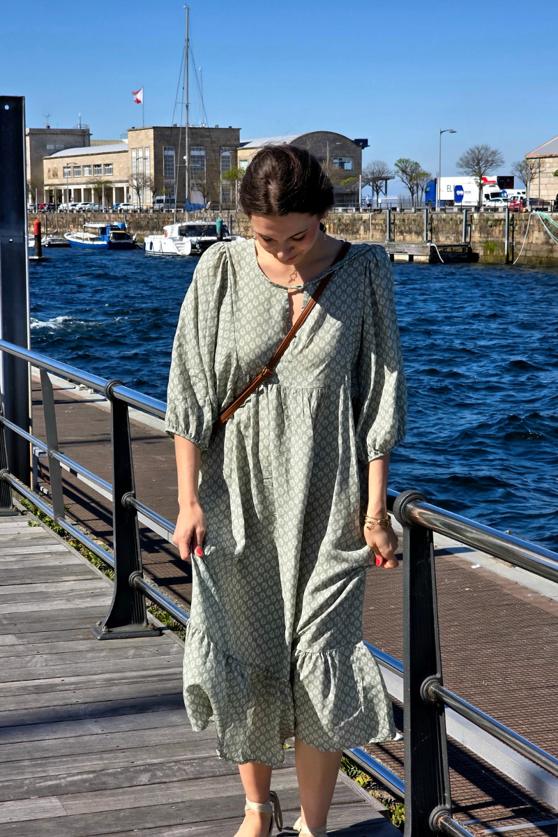 Vestido Largo Flores M. Globo Salvia