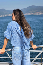 Blusa Manga Globo Cuadro Vichy Azulón