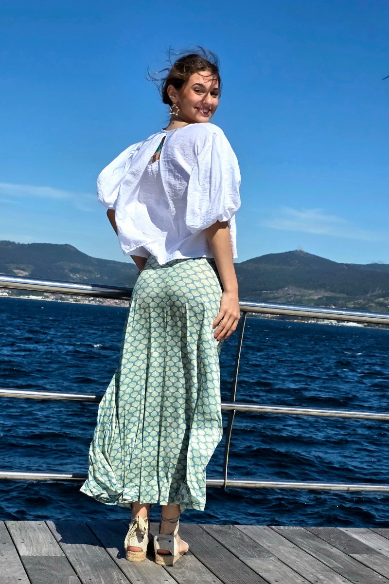 Falda Larga de Conchas Verde elástica