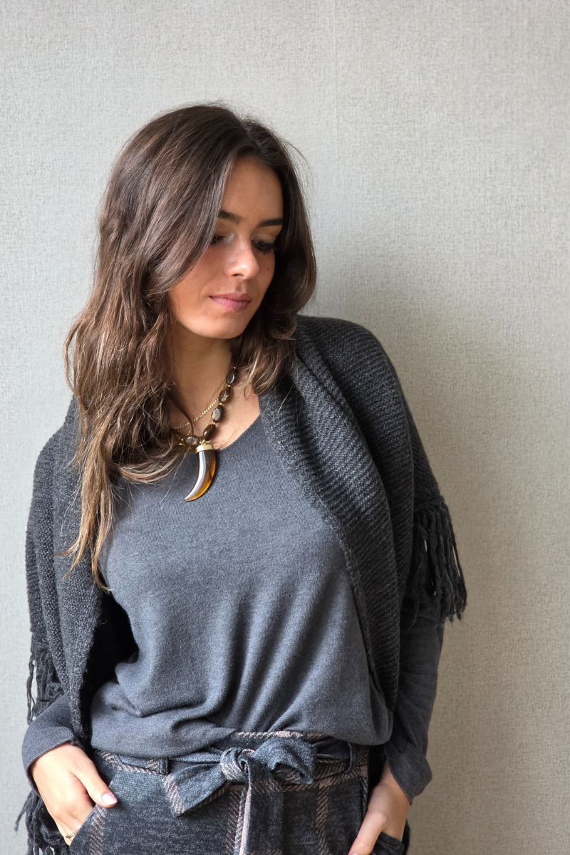 Jersey fino cuello pico gris