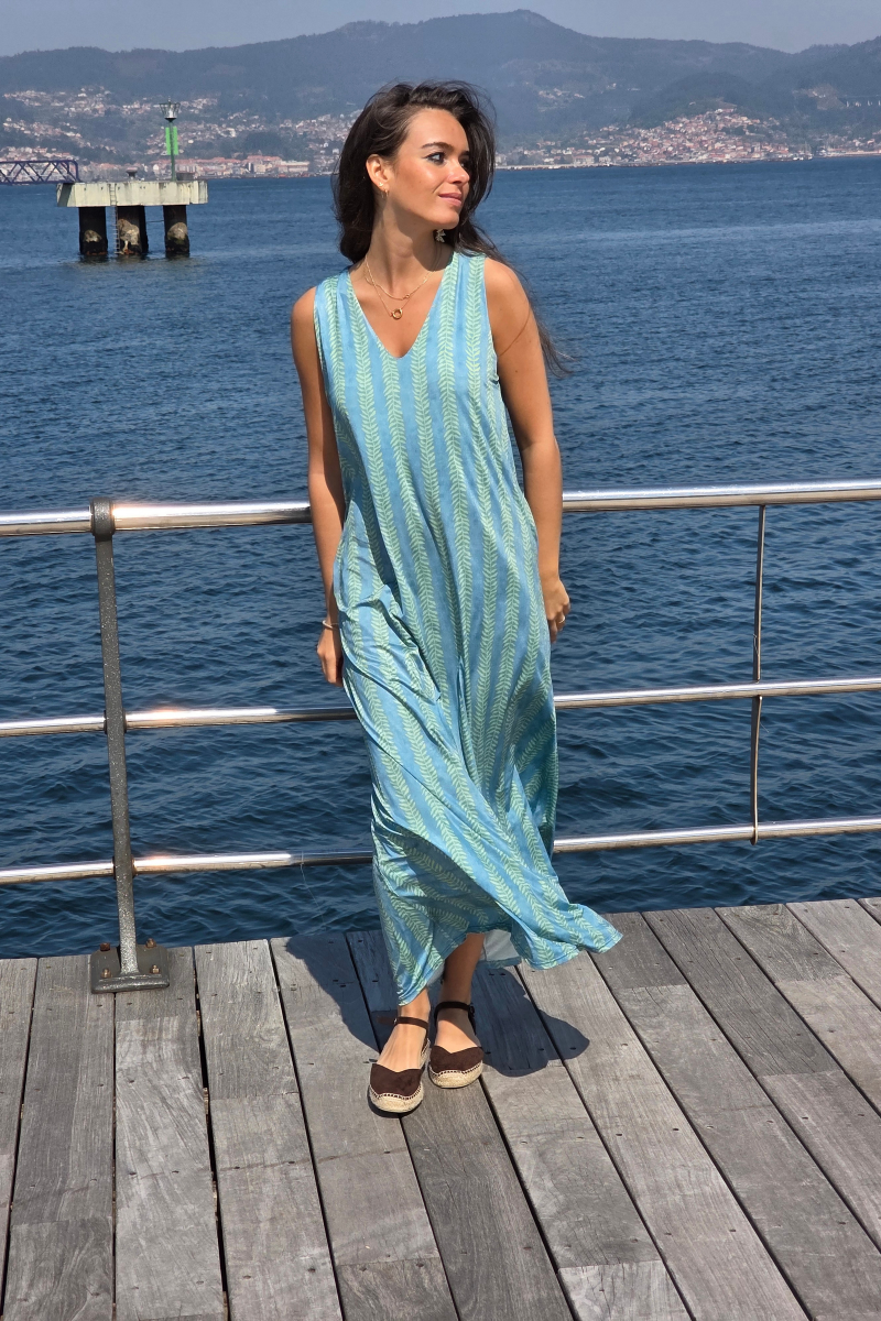 Vestido Largo Estampado Ramos Verde elástico