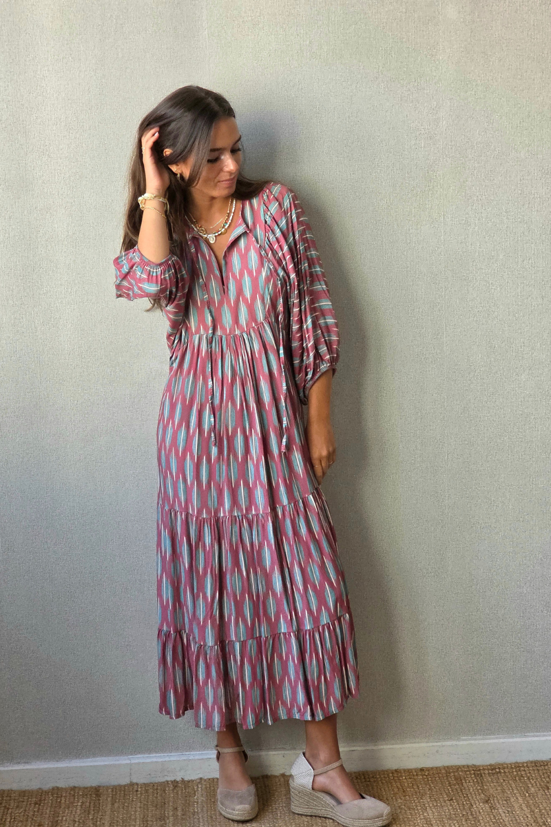 Vestido Mangas Abullonadas Estampado Rosa
