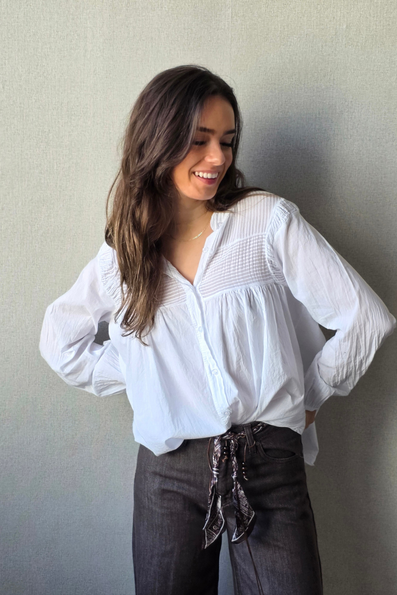 Camisa Blanca Cuello Mao con Rayas