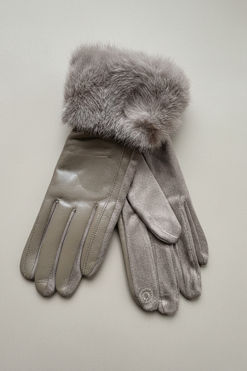 Guantes topo  de piel y antelina con pelo