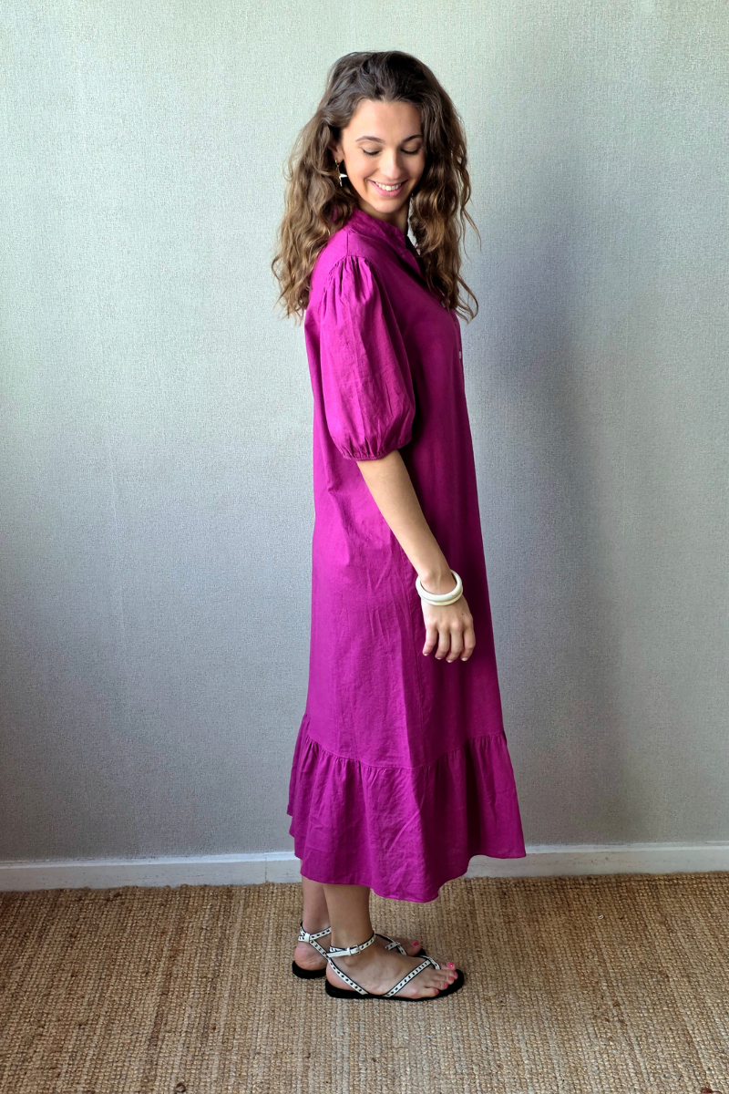 Vestido botones tipo lino magenta