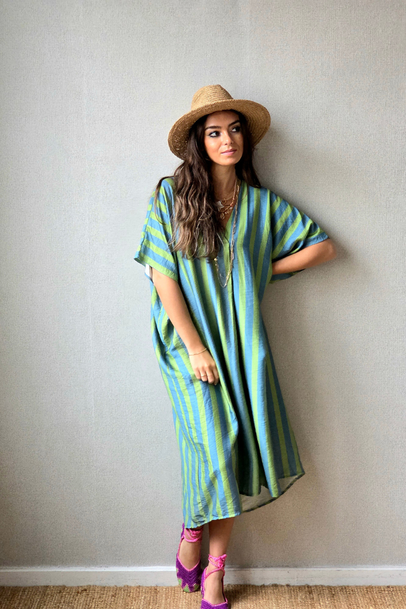 Vestido rayas tipo kurta verde