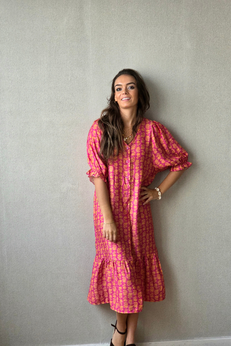 Vestido flores con botones fucsia