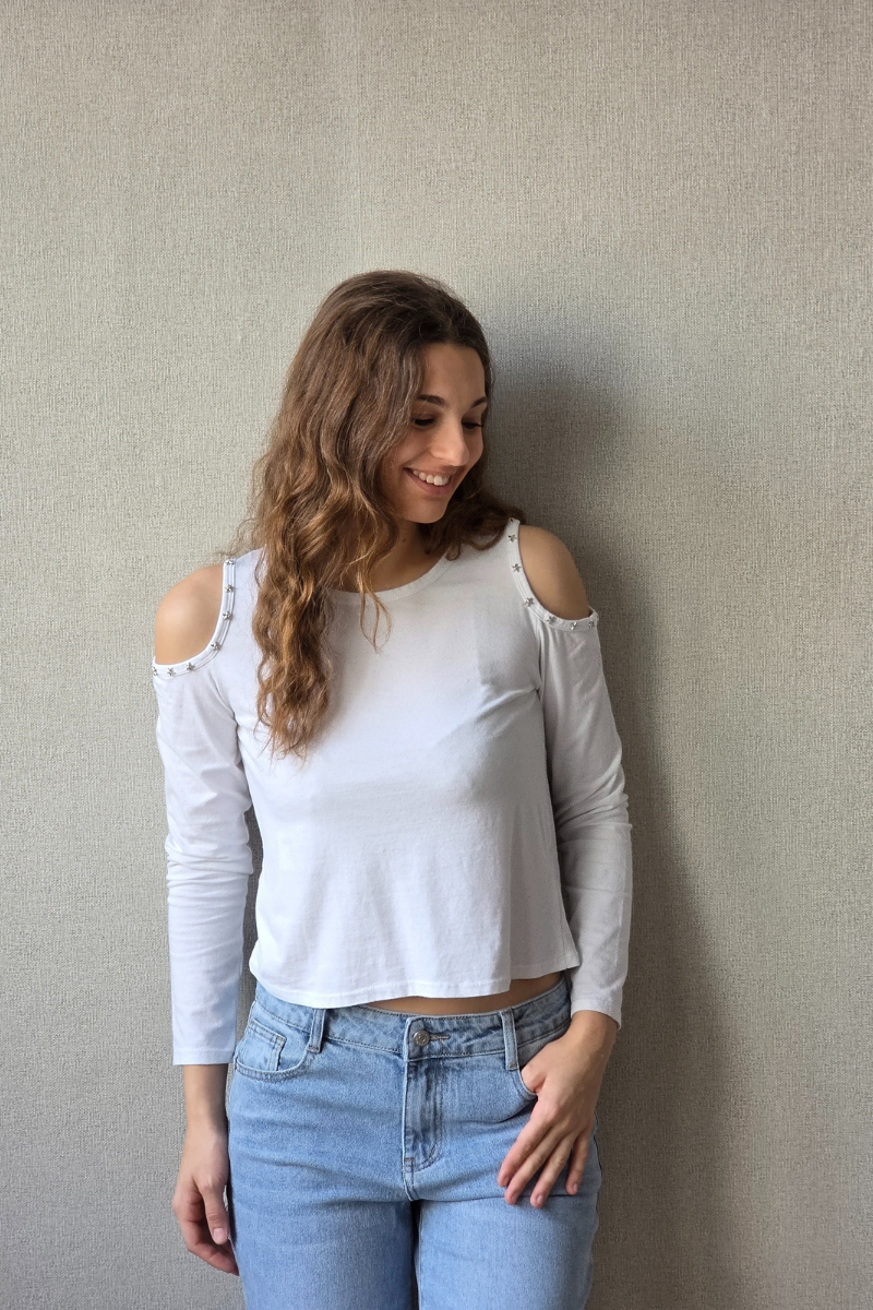 Camiseta Sin Hombros con Estrellas - Blanco