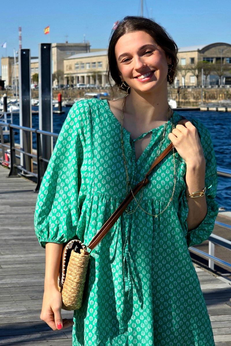 Vestido Largo Flores M. Globo Verde