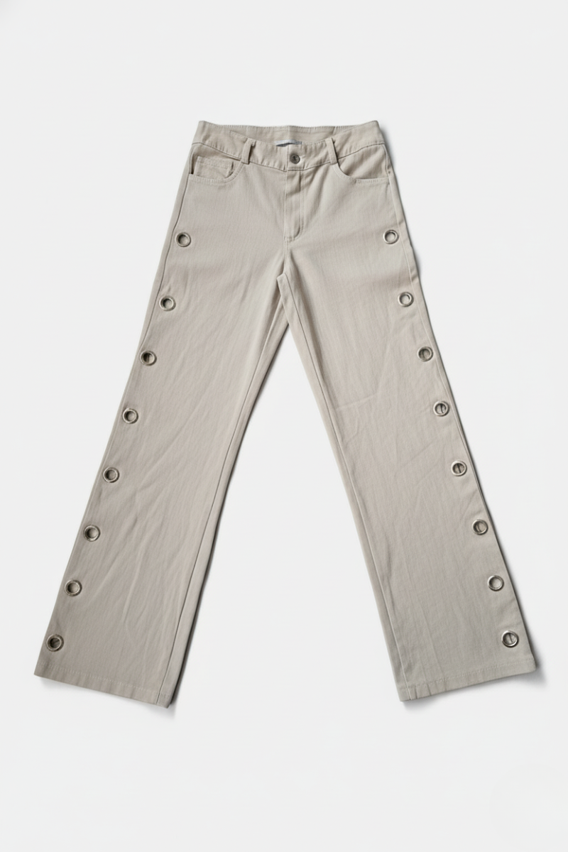 Pantalón Vaquero Arandelas Laterales Beige
