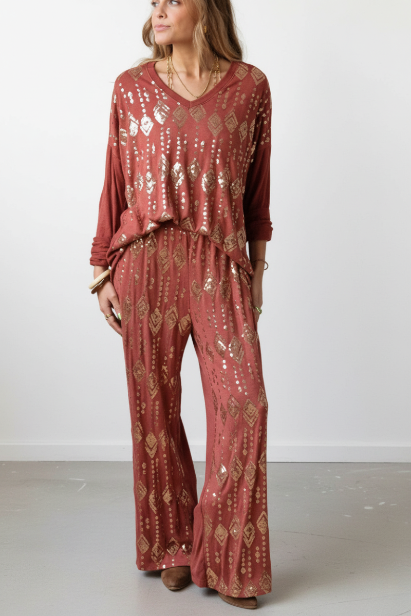 Pantalón de punto color caldero con lentejuelas